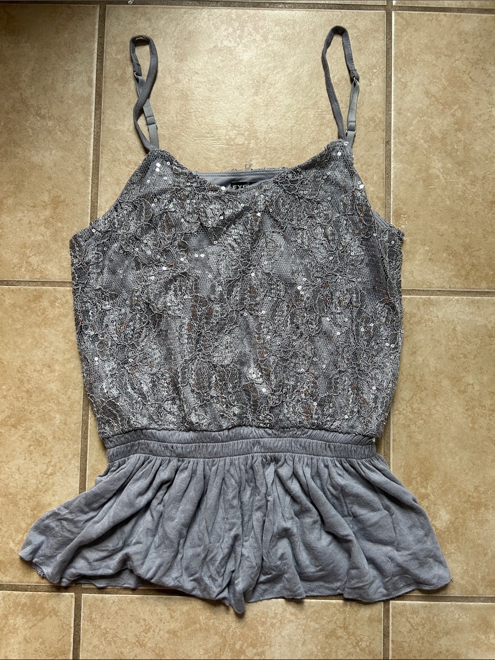 Express Gray Lace & Sequin Peplum Cami